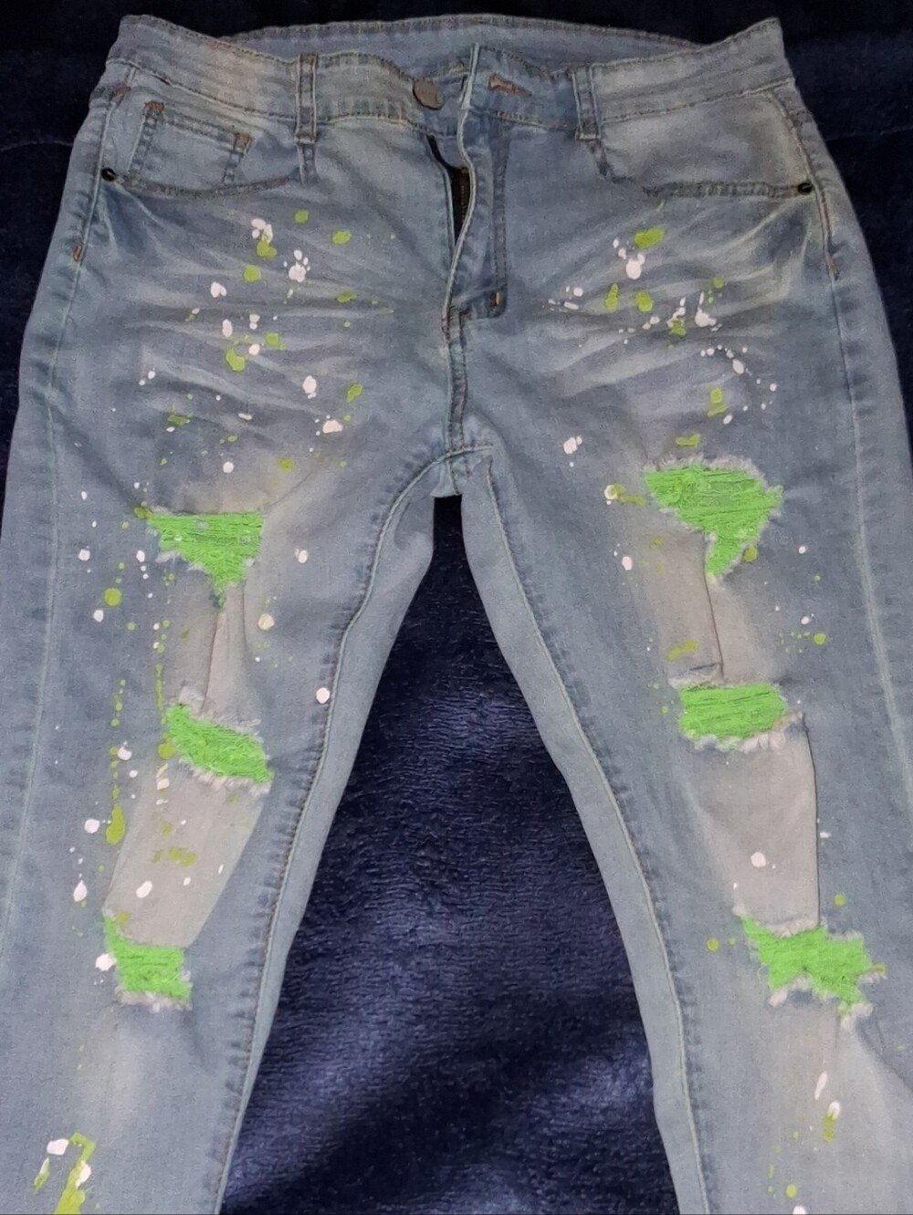 Mens Distressed Light Blue  Jeans with Green Accent